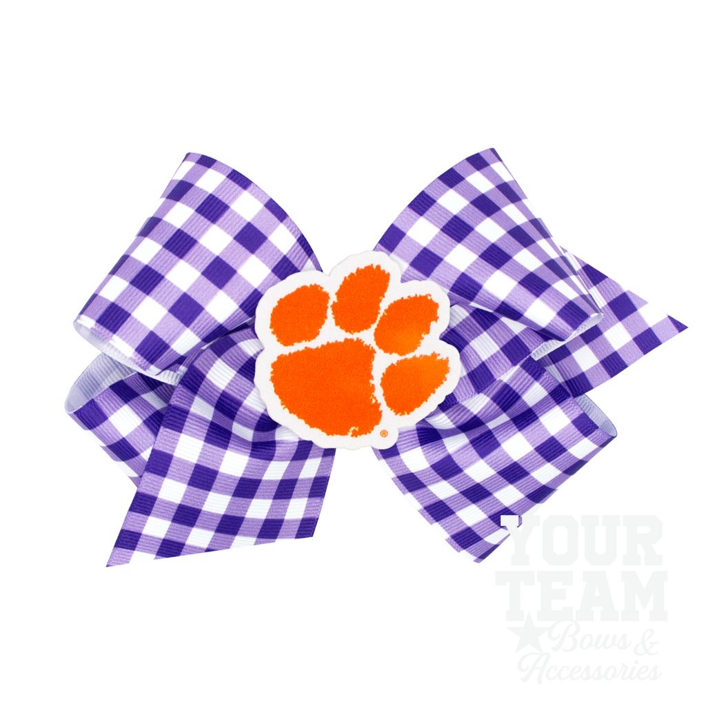 King Clemson Gingham Hair Bow with Logo Patch - CLEMSON