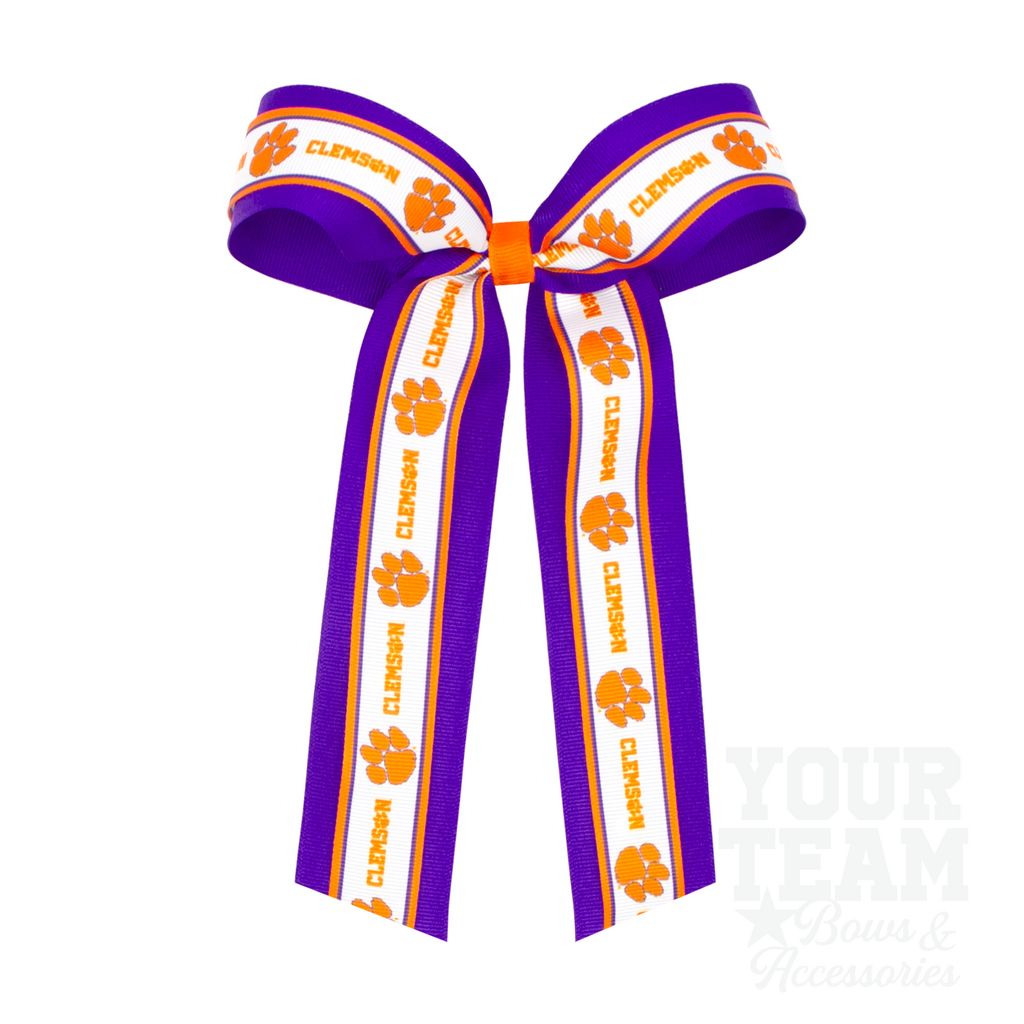 Large Clemson Logo Ribbon Underlay Hair Bow with Streamer Tails - CLEMSON