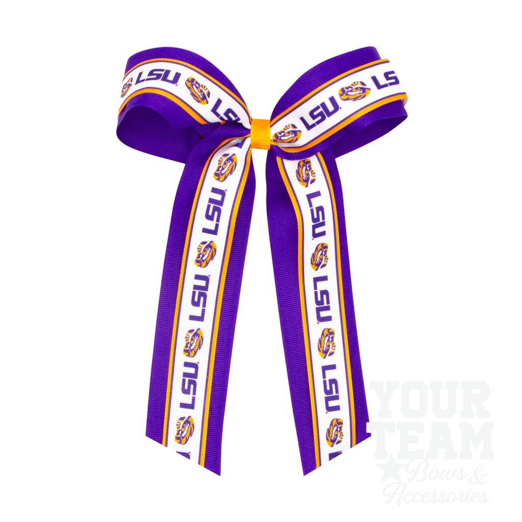 Large Louisiana State Logo Ribbon Underlay Hair Bow with Streamer Tails - LOUISIANA STATE