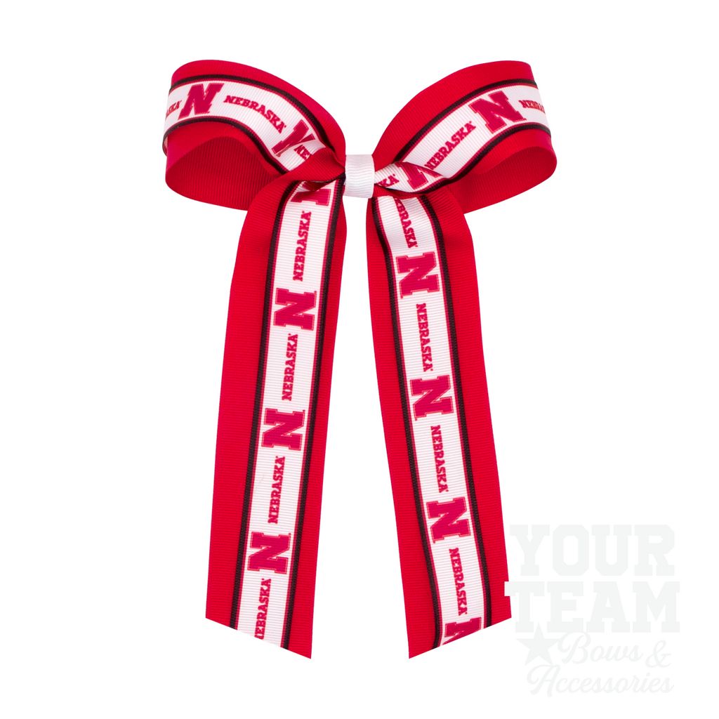 Large Nebraska Logo Ribbon Underlay Hair Bow with Streamer Tails - NEBRASKA