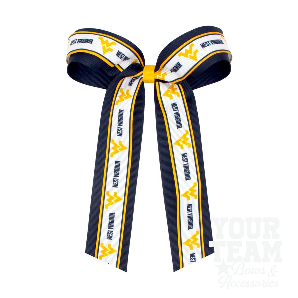 Large West Virginia Logo Ribbon Underlay Hair Bow with Streamer Tails - WEST VIRGINIA