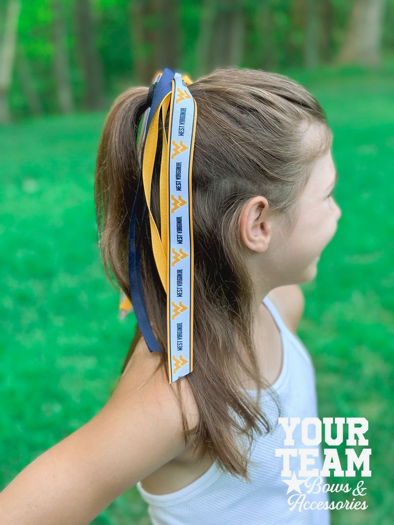 West Virginia Logo Print Streamer Ribbons on Ponytail