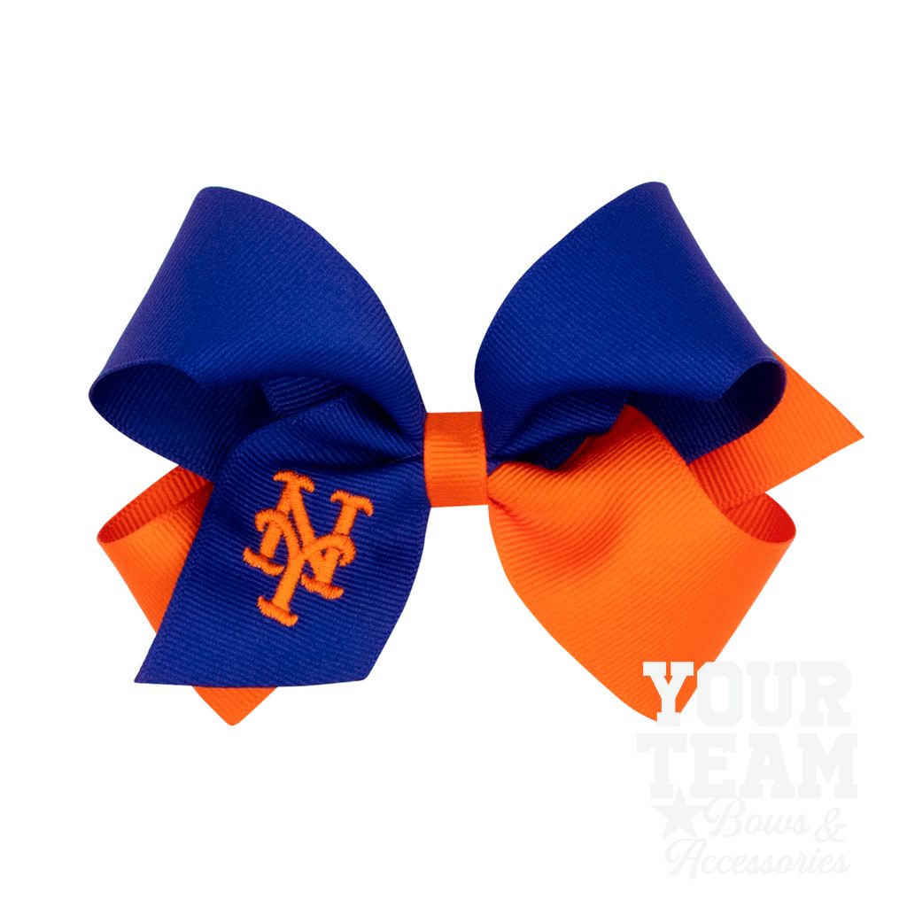 Medium New York Mets Two-Tone Embroidered Hair Bow - NEW YORK METS
