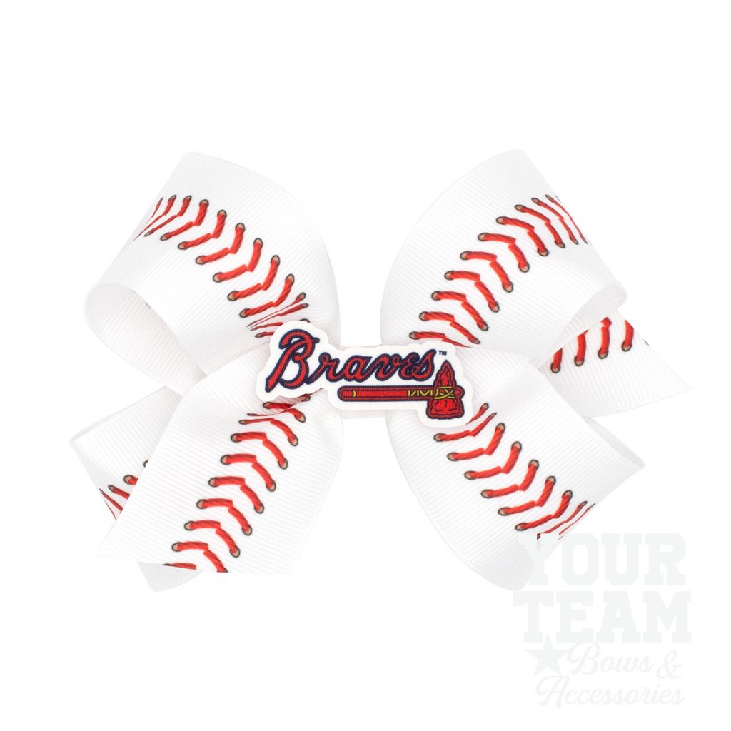 Medium Atlanta Braves Baseball Stitch Print Hair Bow with Badge - ATLANTA BRAVES