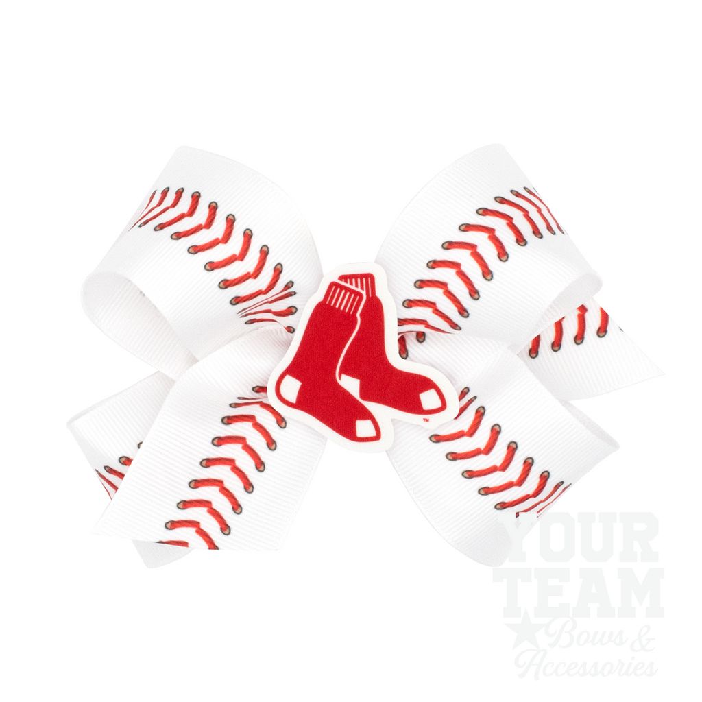 Medium Boston Red Sox Baseball Stitch Print Hair Bow with Badge - BOSTON RED SOX