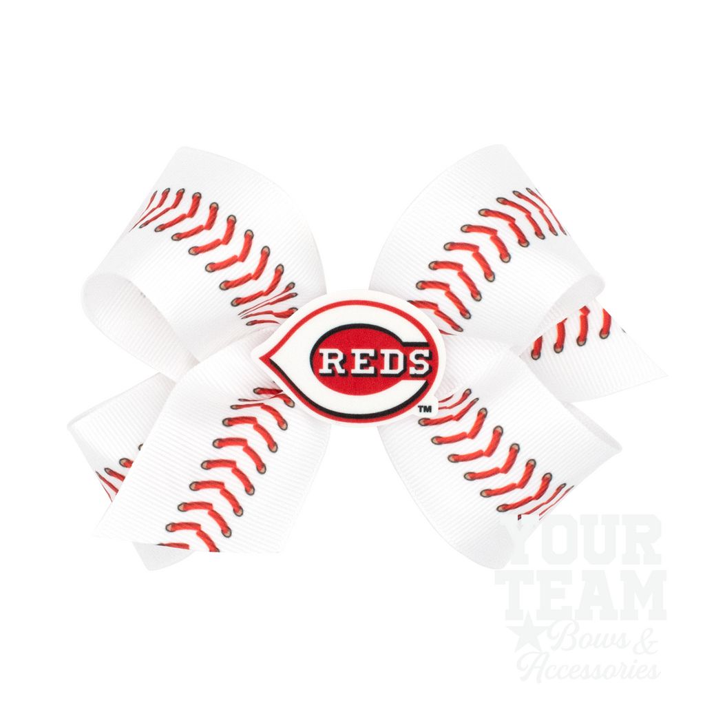 Medium Cincinnati Reds Baseball Stitch Print Hair Bow with Badge - CINCINNATI REDS