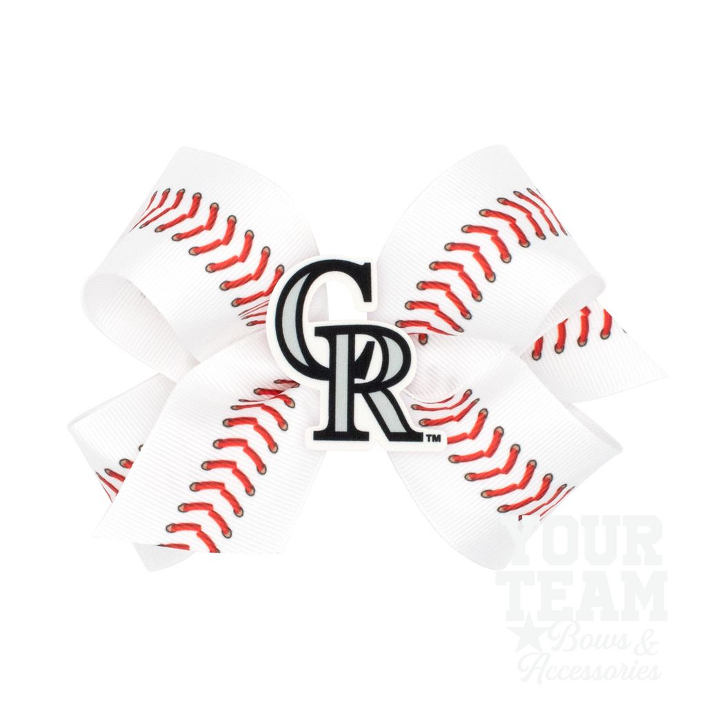 Medium Colorado Rockies Baseball Stitch Print Hair Bow with Badge - COLORADO ROCKIES