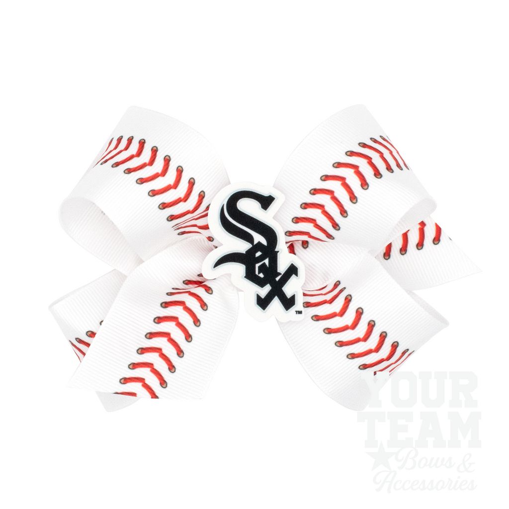Medium Chicago White Sox Baseball Stitch Print Hair Bow with Badge - CHICAGO WHITE SOX