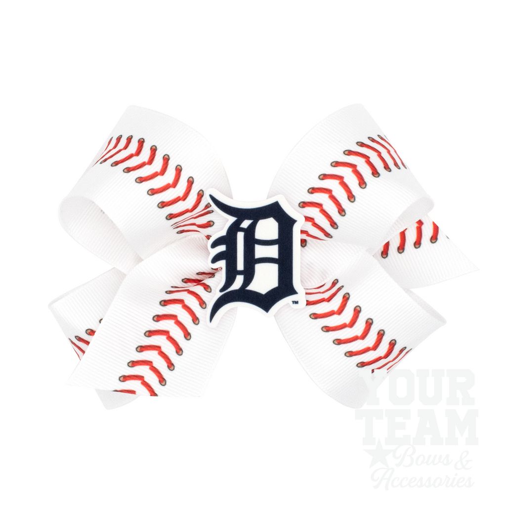 Medium Detroit Tigers Baseball Stitch Print Hair Bow with Badge - DETROIT TIGERS