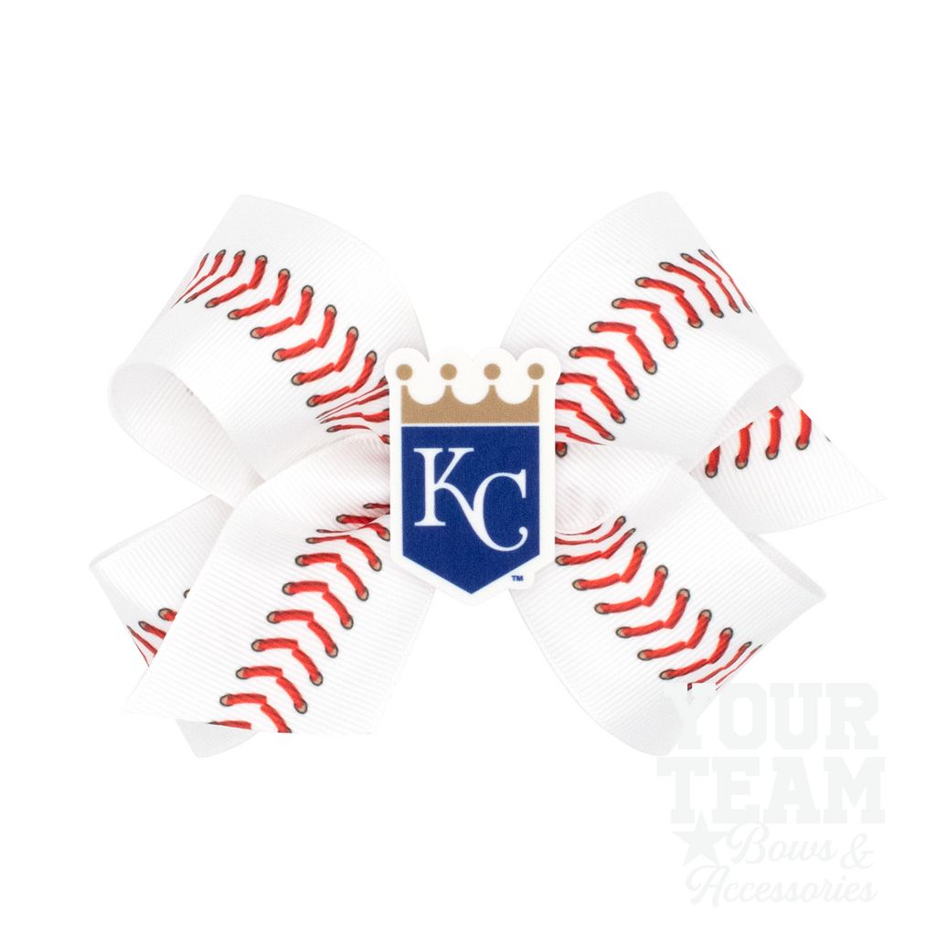Medium Kansas City Royals Baseball Stitch Print Hair Bow with Badge - KANSAS CITY ROYALS