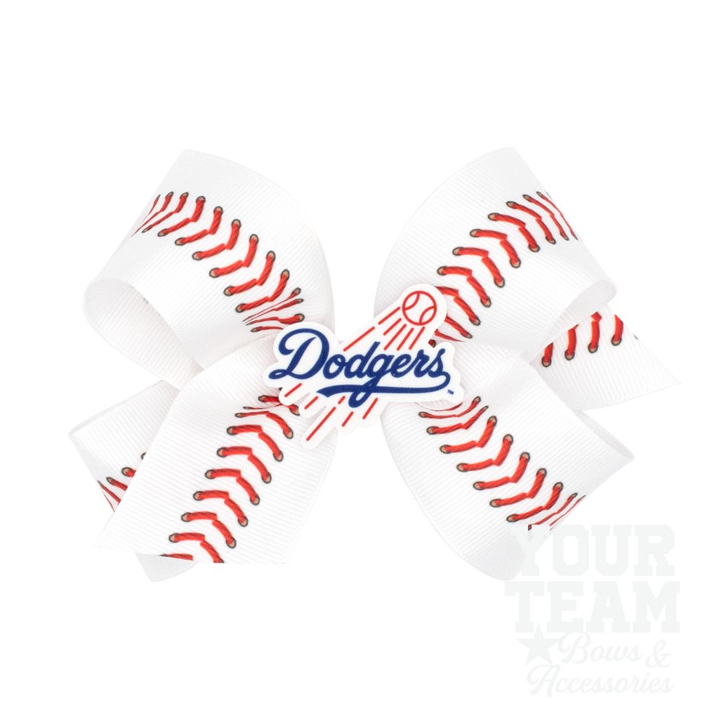 Medium Los Angeles Dodgers Baseball Stitch Print Hair Bow with Badge - LOS ANGELES DODGERS