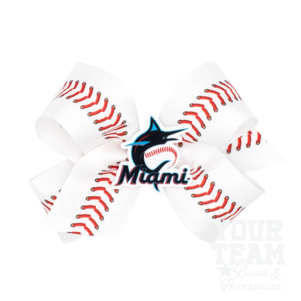 Medium Miami Marlins Baseball Stitch Print Hair Bow with Badge - MIAMI MARLINS