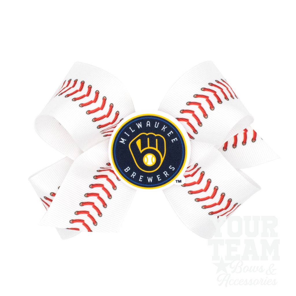 Medium Milwaukee Brewers Baseball Stitch Print Hair Bow with Badge - MILWAUKEE BREWERS