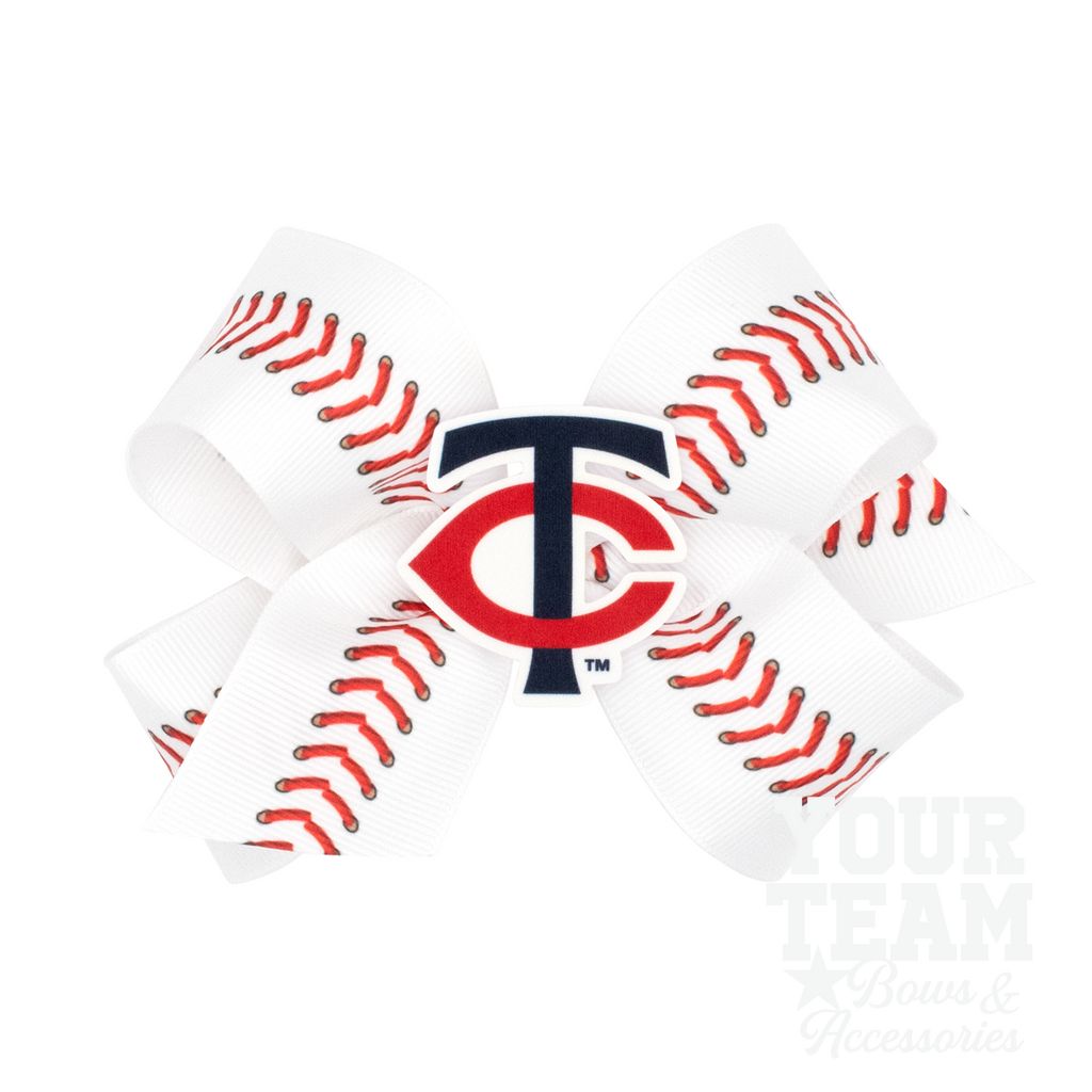Medium Minnesota Twins Baseball Stitch Print Hair Bow with Badge - MINNESOTA TWINS