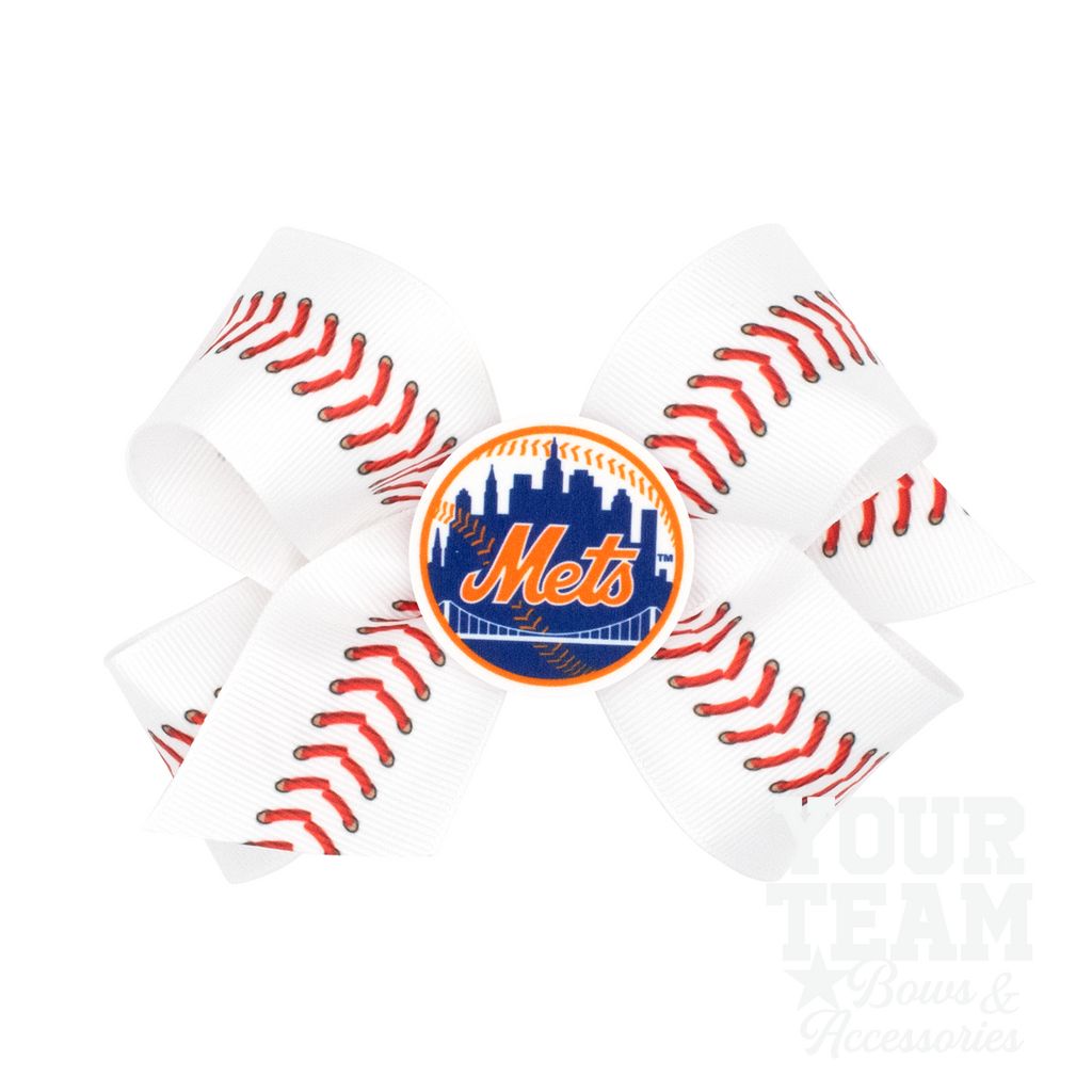 Medium New York Mets Baseball Stitch Print Hair Bow with Badge - NEW YORK METS