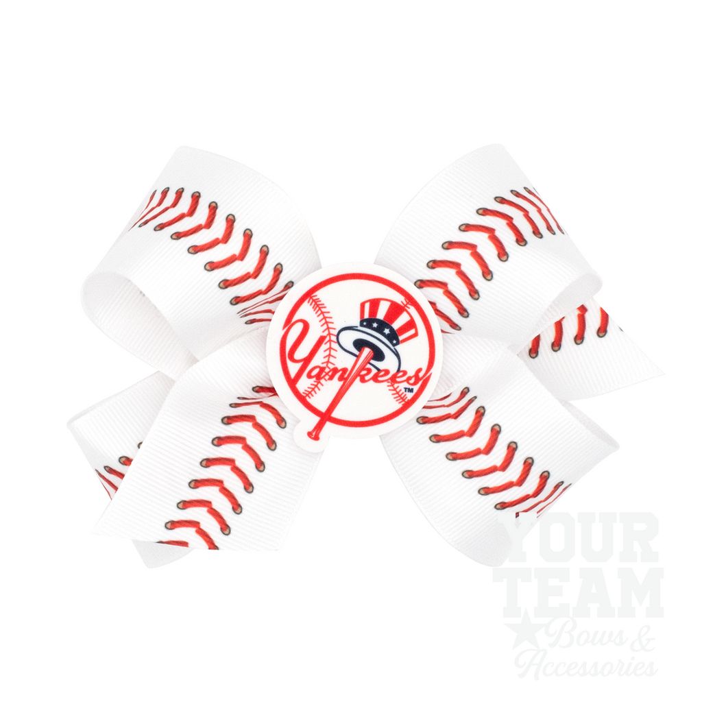 Medium New York Yankees Baseball Stitch Print Hair Bow with Badge - NEW YORK YANKEES