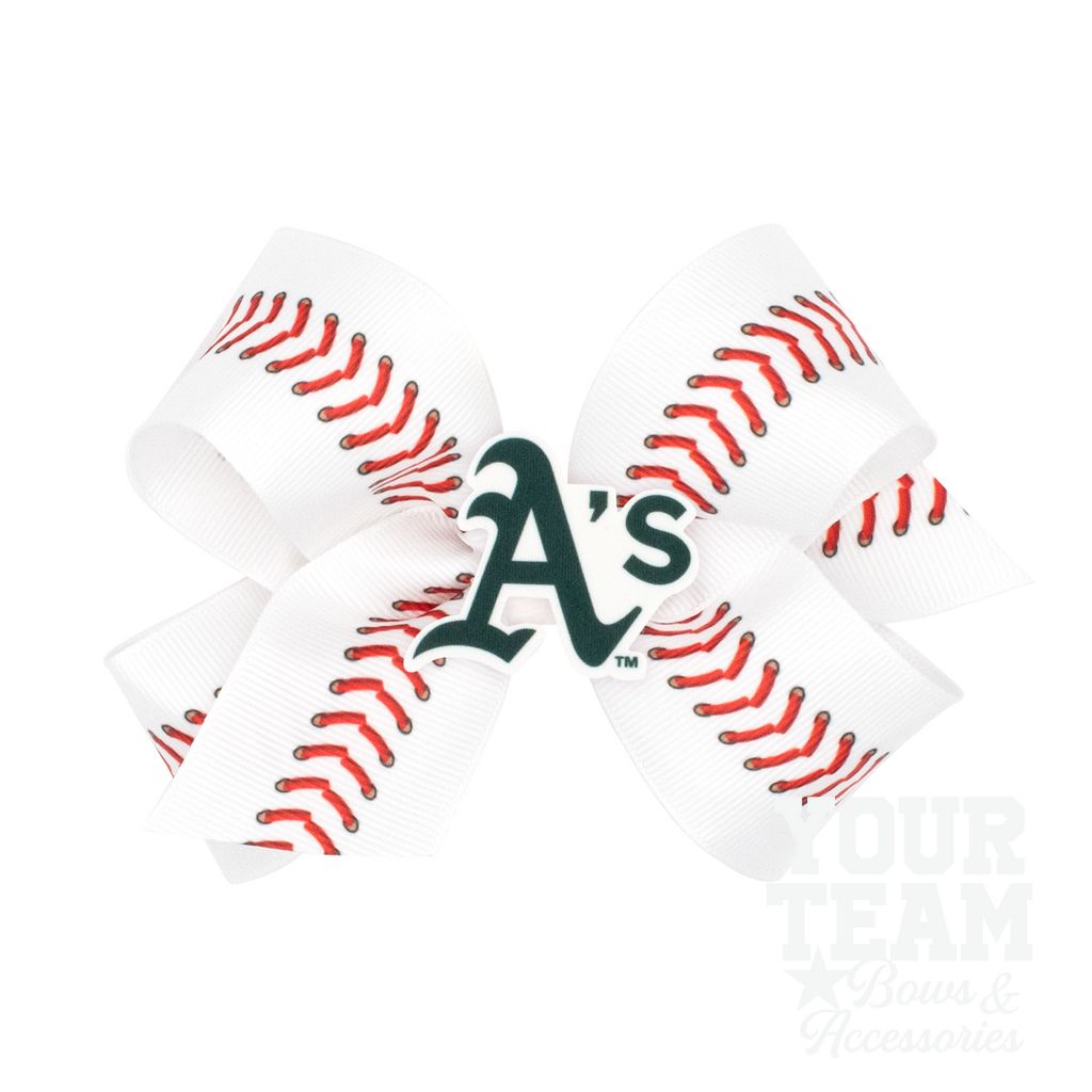Medium Oakland Athletics Baseball Stitch Print Hair Bow with Badge - OAKLAND ATHLETICS