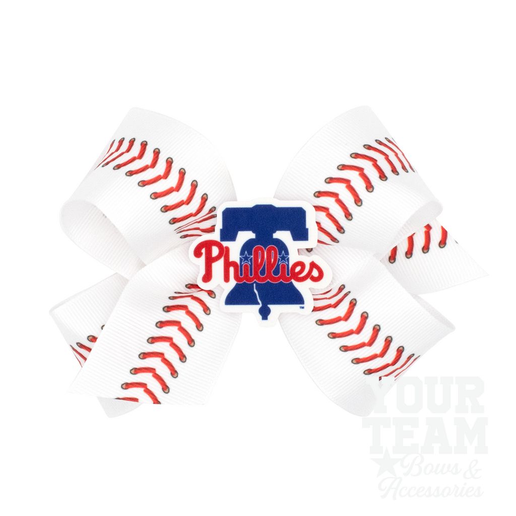 Medium Philadelphia Phillies Baseball Stitch Print Hair Bow with Badge - PHILADELPHIA PHILLIES