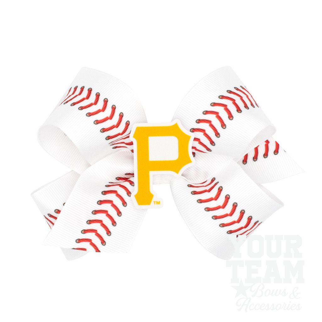 Medium Pittsburgh Pirates Baseball Stitch Print Hair Bow with Badge - PITTSBURGH PIRATES