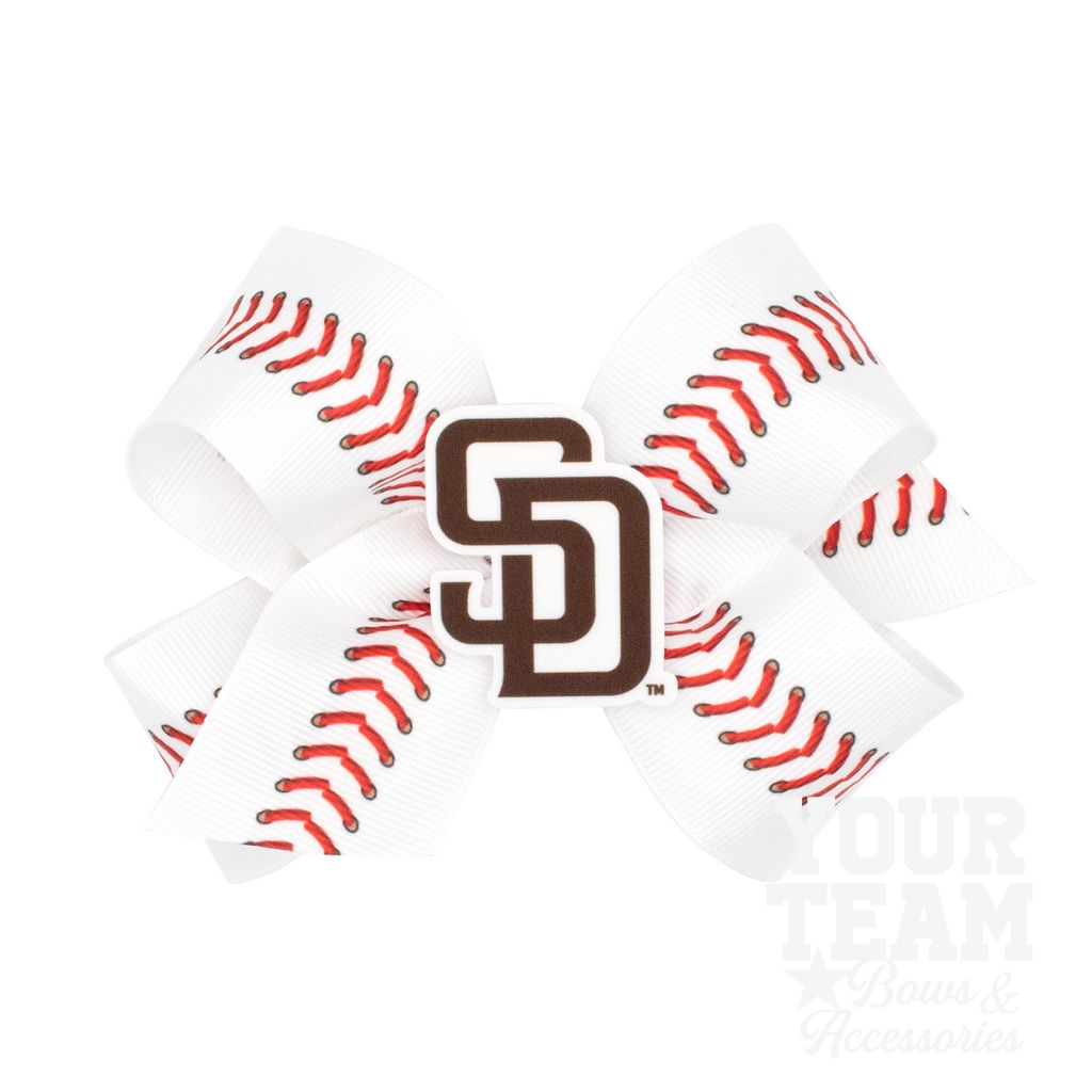 Medium San Diego Padres Baseball Stitch Print Hair Bow with Badge - SAN DIEGO PADRES