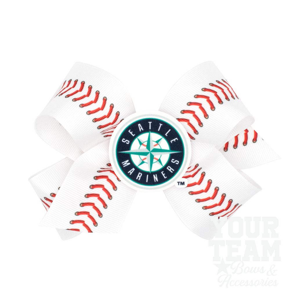 Medium Seattle Mariners Baseball Stitch Print Hair Bow with Badge - SEATTLE MARINERS