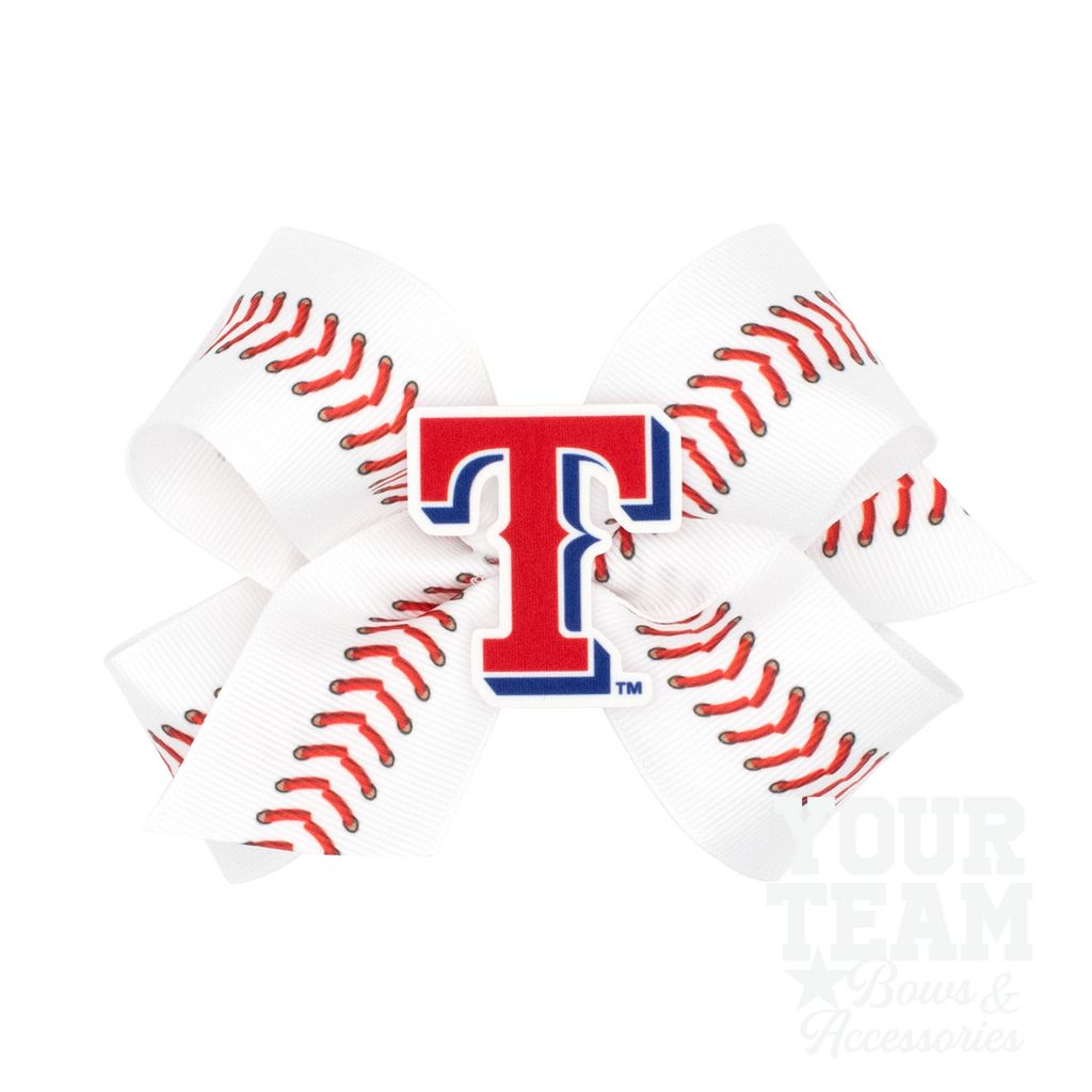 Medium Texas Rangers Baseball Stitch Print Hair Bow with Badge - TEXAS RANGERS