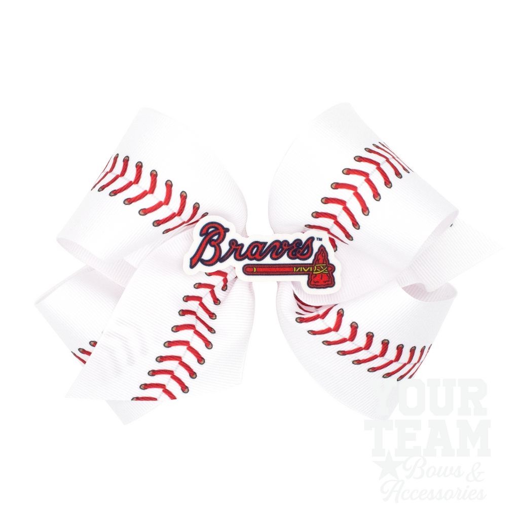 King Atlanta Braves Baseball Stitch Print Hair Bow with Badge - ATLANTA BRAVES