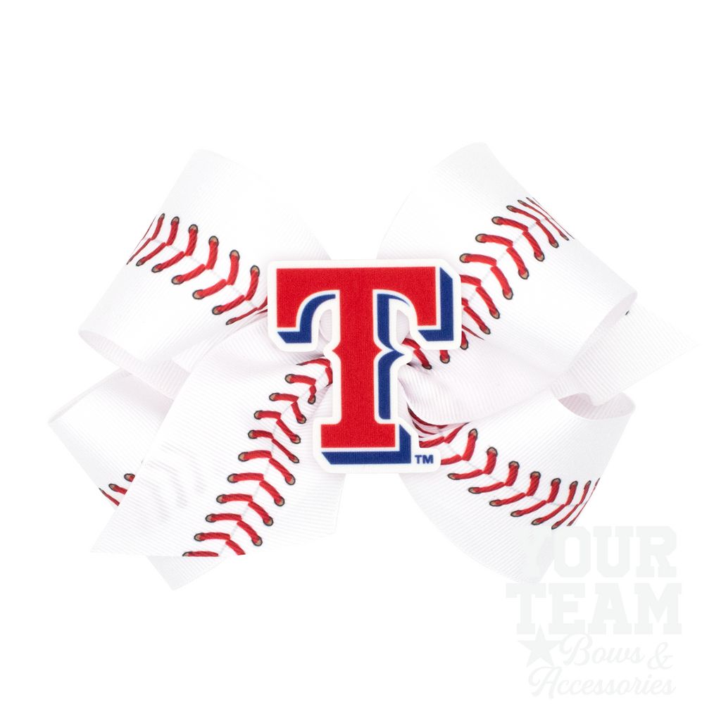 King Texas Rangers Baseball Stitch Print Hair Bow with Badge - TEXAS RANGERS