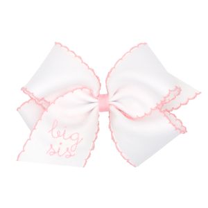 Medium Girls Bowtie Streamer Bow With Moonstitch Trim, Streamer Tails and Embroidered Big Sis On Tail