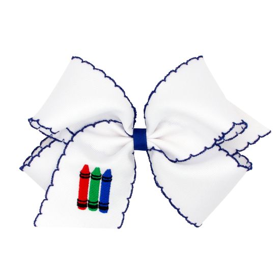 King Grosgrain Hair Bow with Moonstitch Edge and School-themed Embroidery - CRAYONS