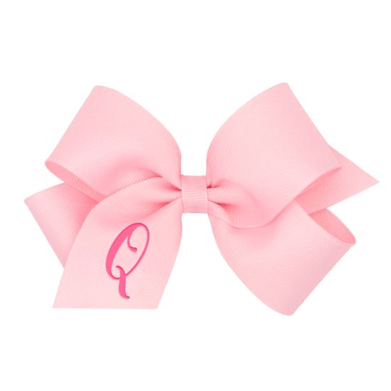 Medium Monogrammed Grosgrain Girls Hair Bow - Light Pink with Hot Pink Initial - Q