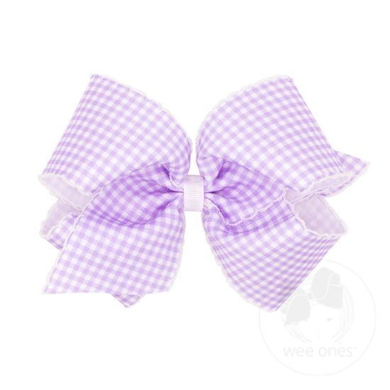 King Gingham-Printed Grosgrain Girls Hair Bow With Moonstitch Edge - LT ORCHID
