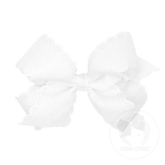 Medium Grosgrain Bow with Eyelet Flower-Embossed Edges - WHITE