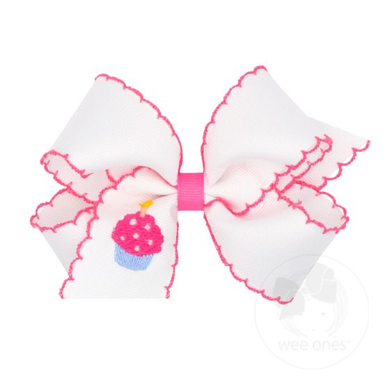 Medium Grosgrain Hair Bow with Moonstitch Edge and Birthday Girl Balloon, Present or Cupcake Embroidery - CUP