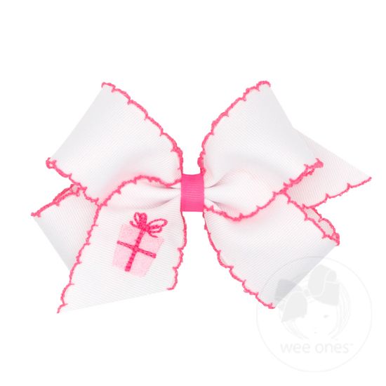 Medium Grosgrain Hair Bow with Moonstitch Edge and Birthday Girl Balloon, Present or Cupcake Embroidery - PRESENT