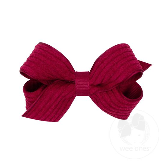 Mini Grosgrain Hair Bow with Wide Wale Corduroy Overlay - CRANBERRY