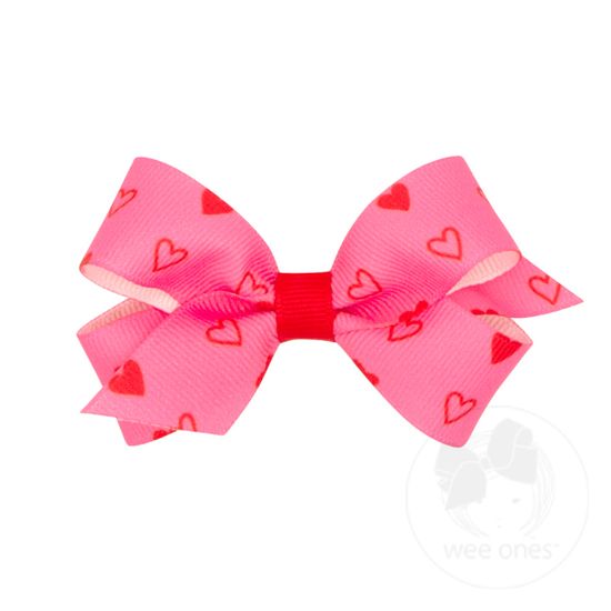 Mini Valentine Heart Print Grosgrain Girls Hair Bow - PINK