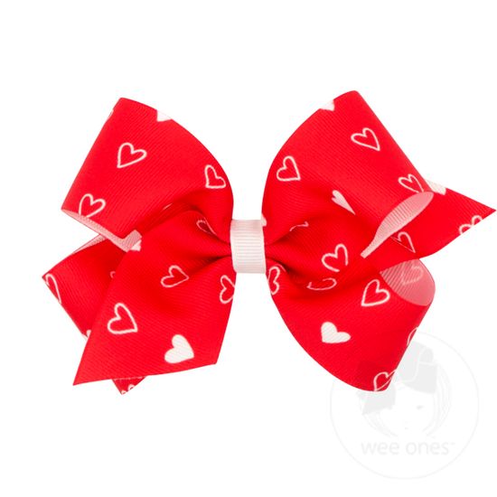 Medium Valentine Heart Print Grosgrain Girls Hair Bow - RED