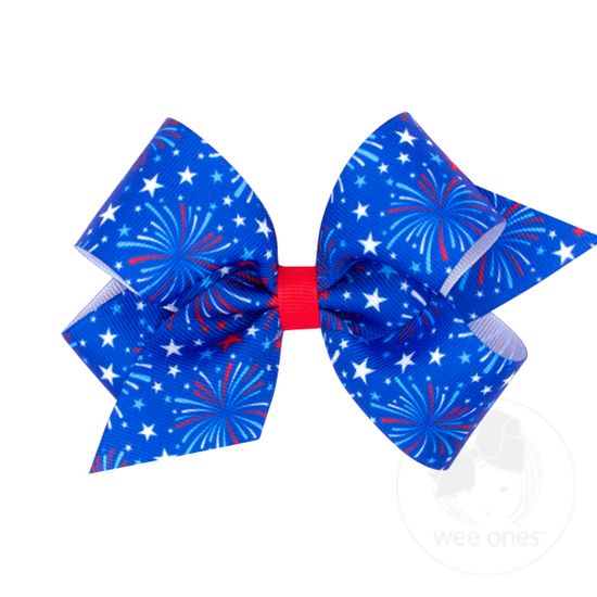 Medium Patriotic Fireworks Printed Grosgrain Girls Hair Bow - FIREWORKS