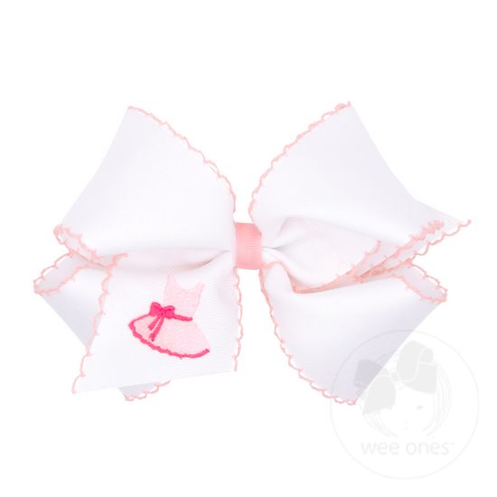 King Grosgrain Hair Bow with Pink Moonstitch Edge and Ballerina Dress Embroidery - DRESS