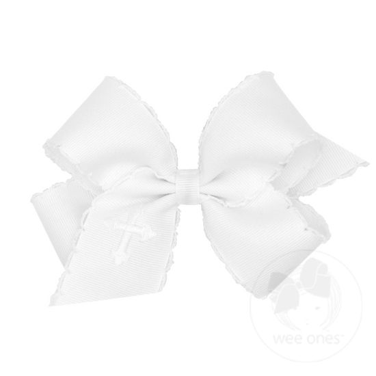 Medium Grosgrain Bow with Moonstitch Edge and white Cross Embroidery - WHT W/ WHT
