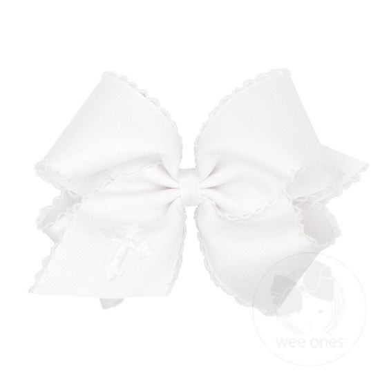 King Grosgrain Hair Bow with Moonstitch Edge and White Cross Embroidery - WHT W/ WHT