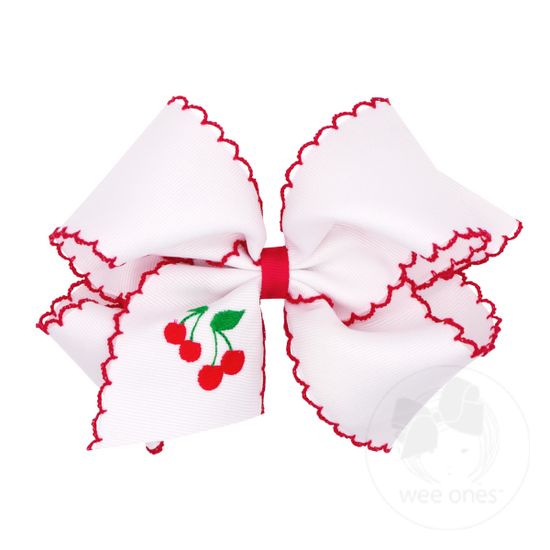 King Grosgrain Hair Bow with Moonstitch Edge and Summer-themed Embroidery - CHERRY