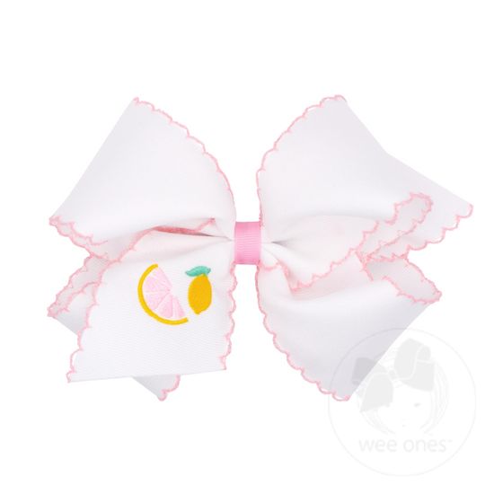 King Grosgrain Hair Bow with Moonstitch Edge and Summer-themed Embroidery - LEMON