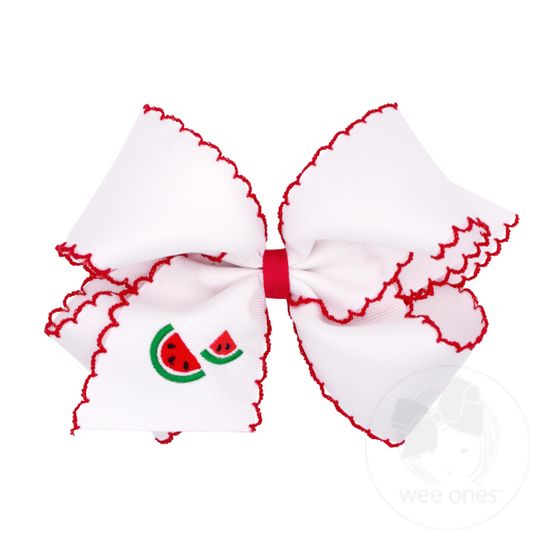 King Grosgrain Hair Bow with Moonstitch Edge and Summer-themed Embroidery - RED WATERMELON