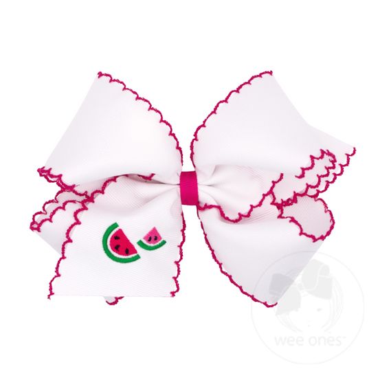 King Grosgrain Hair Bow with Moonstitch Edge and Summer-themed Embroidery - WATERMELON