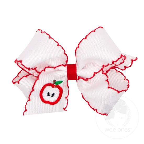 Medium Apple Embroidered Grosgrain Hair Bow with Moonstitch Edge - WHT W/ RED