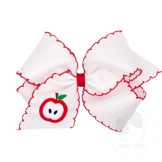 King Apple Embroidered Grosgrain Hair Bow with Moonstitch Edge - WHT W/ RED