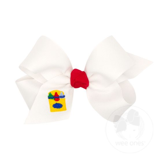 Medium Grosgrain Hair Bow with Knot Wrap and School-themed Embroidery - CRAYONS