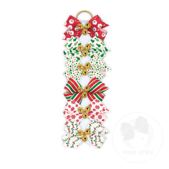 Mini Holiday-themed Printed Grosgrain Hair Bow with Bells - FALL 2023